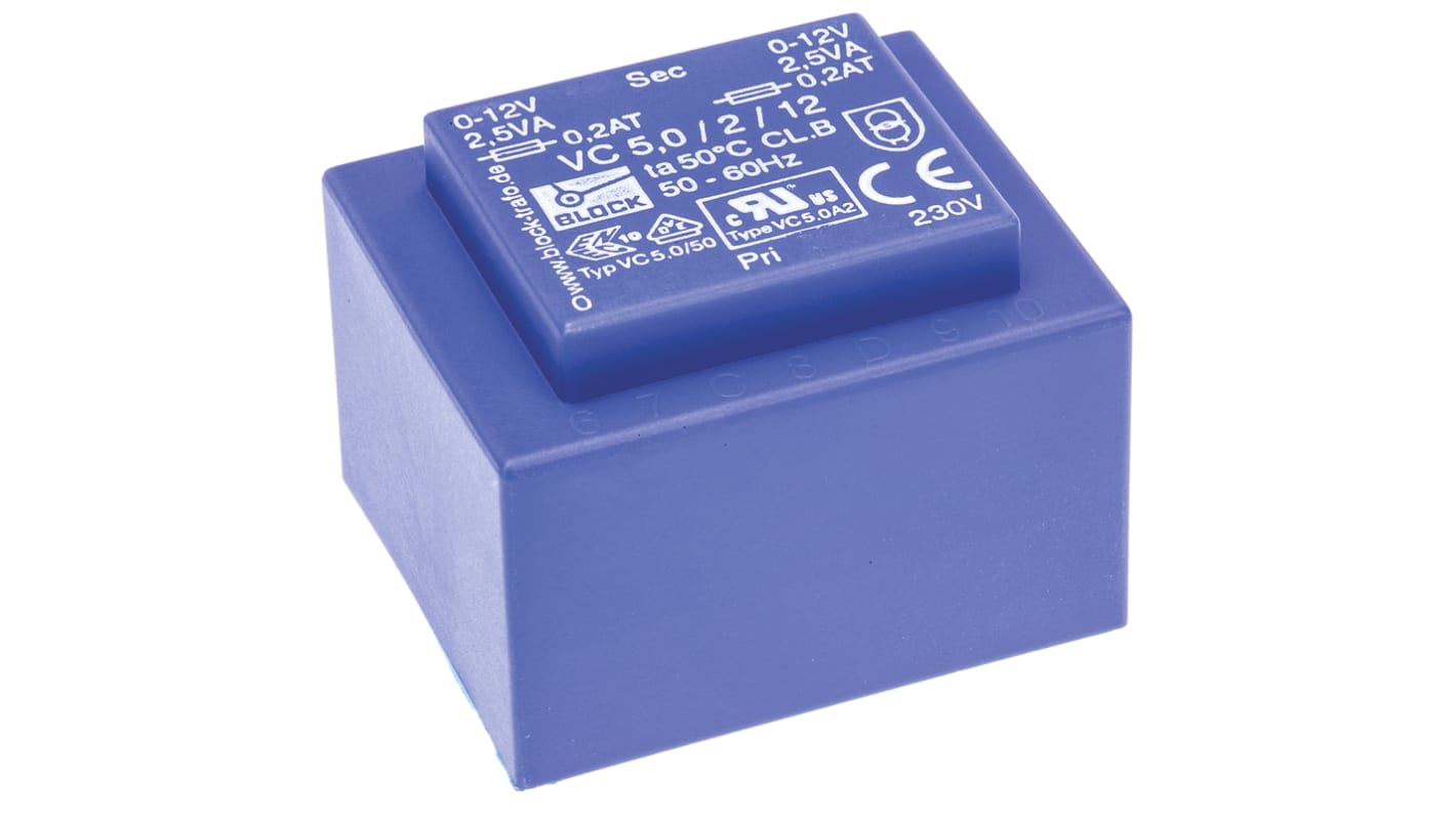 Trasformatore per PCB Block, 5VA, primario 230V ca, secondario 12V ca, 2 uscite