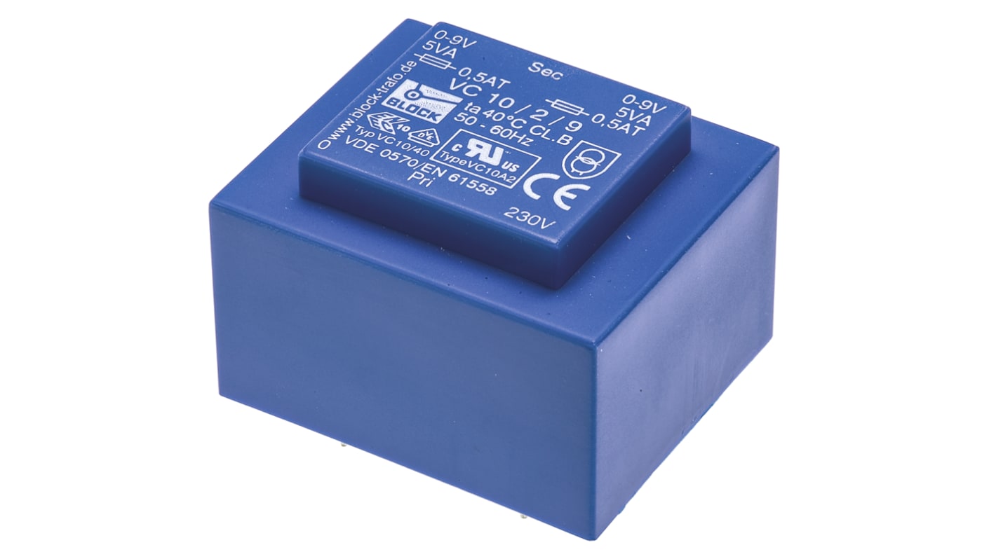 Block Printtrafo, Trafo 230V ac / 9V ac 10VA 2 Ausg. 51mm x 34.6mm x 43mm 280g Durchsteckmontage