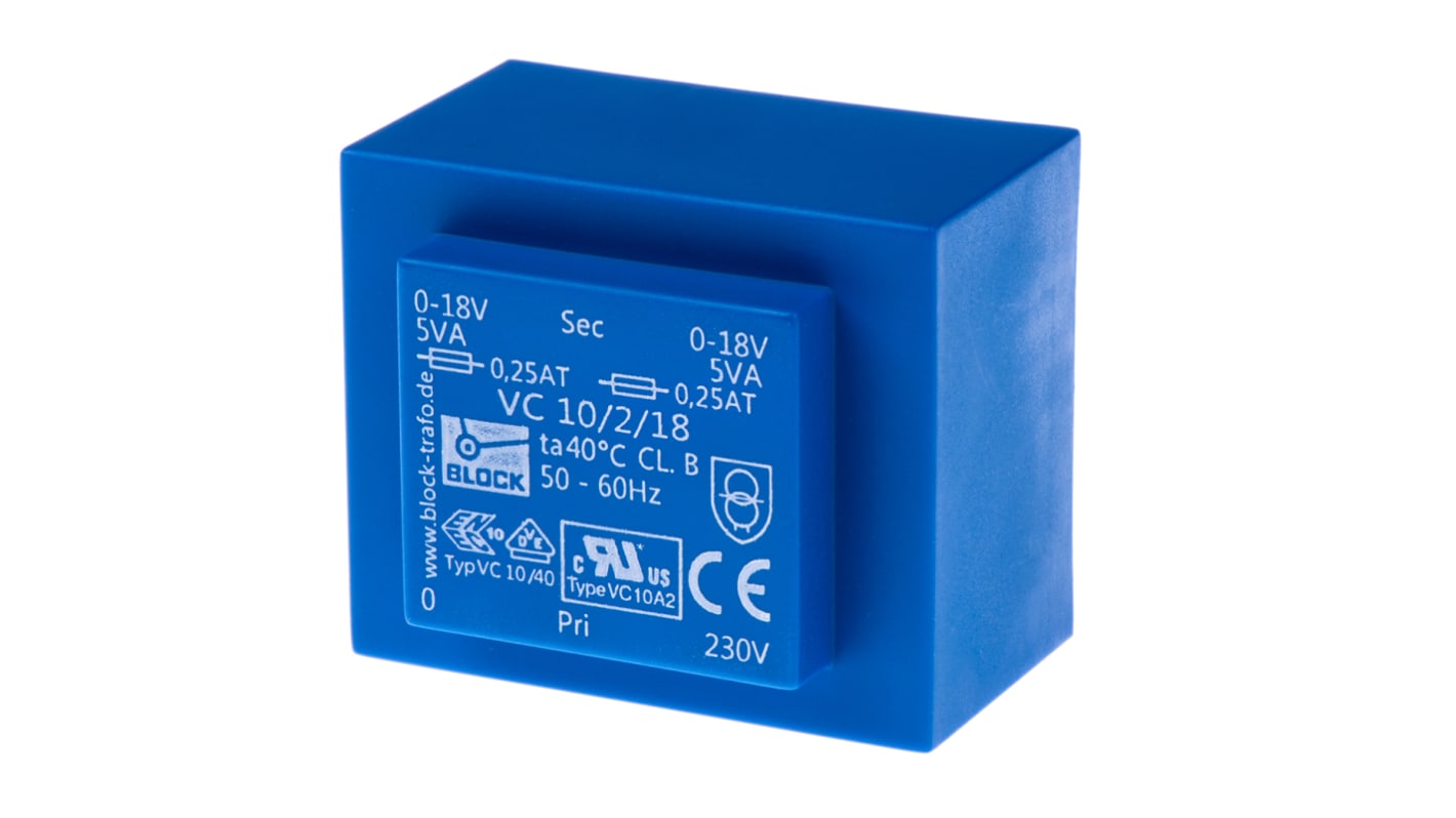 Trasformatore per PCB Block, 10VA, primario 230V ca, secondario 18V ca, 2 uscite