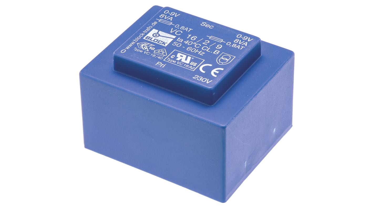 Block Printtrafo, Trafo 230V ac / 9V ac 16VA 2 Ausg. 57mm x 39mm x 48mm 420g Durchsteckmontage