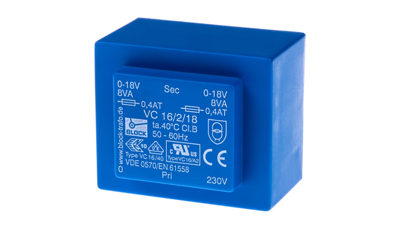 Trasformatore per PCB Block, 16VA, primario 230V ca, secondario 18V ca, 2 uscite