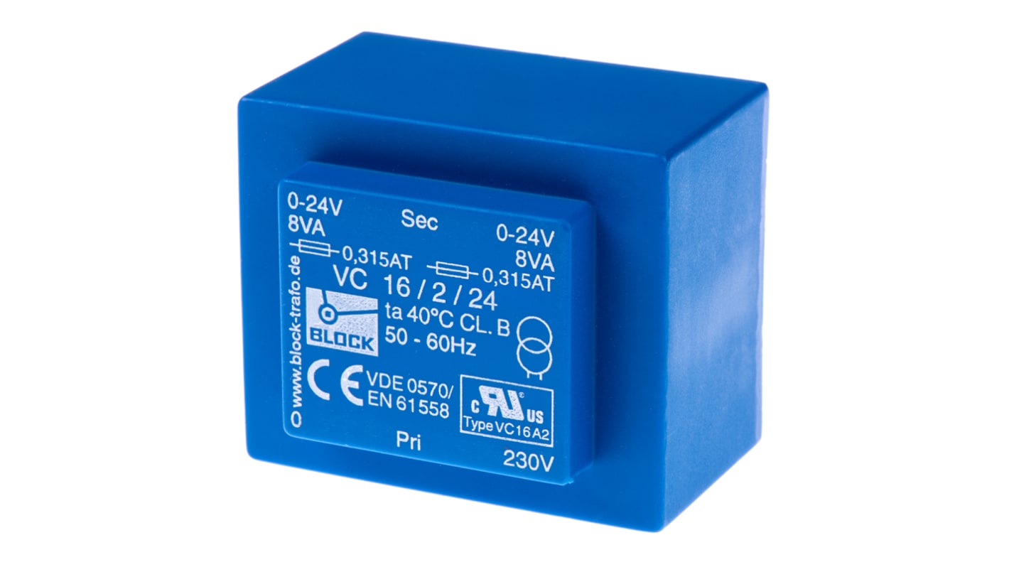 Block 24V ac 2 Output Through Hole PCB Transformer, 16VA