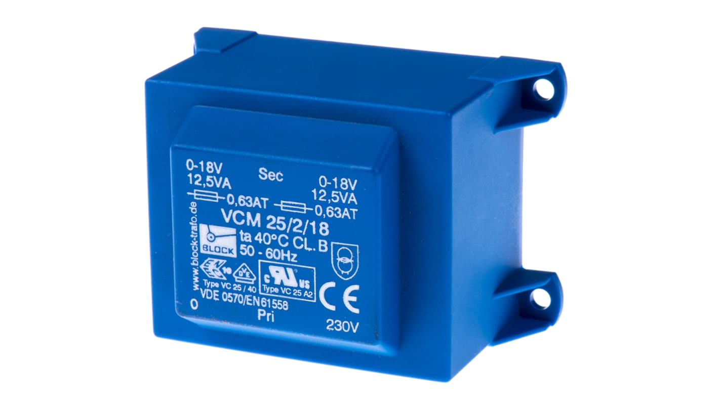 Block 18V ac 2 Output Through Hole PCB Transformer, 25VA