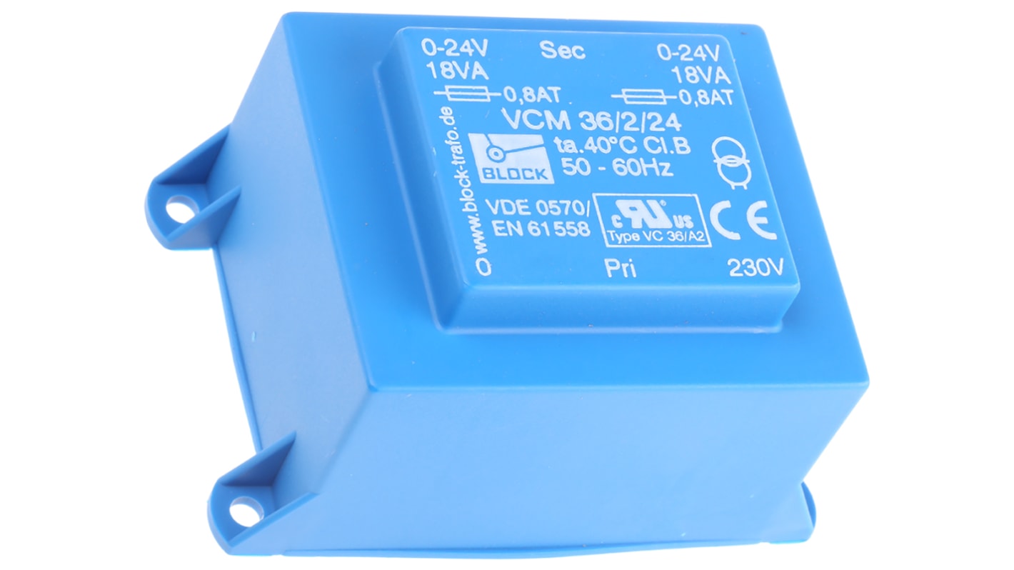 Block 24V ac 2 Output Through Hole PCB Transformer, 36VA