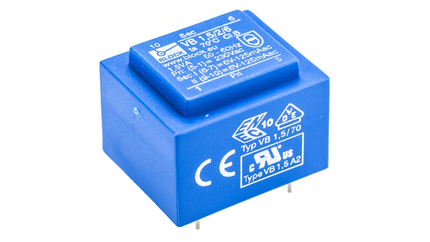 Block 6V ac 2 Output Through Hole PCB Transformer, 1.5VA