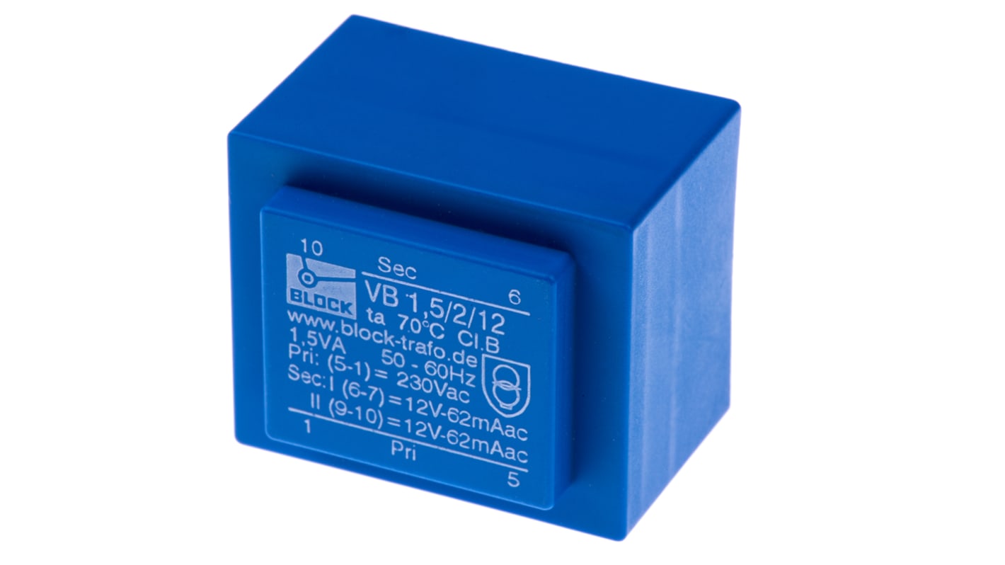 Block 12V ac 2 Output Through Hole PCB Transformer, 1.5VA