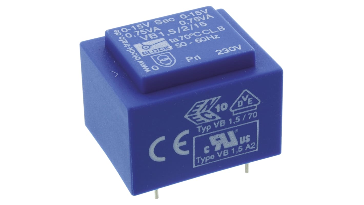 Trasformatore per PCB Block, 1.5VA, primario 230V ca, secondario 15V ca, 2 uscite