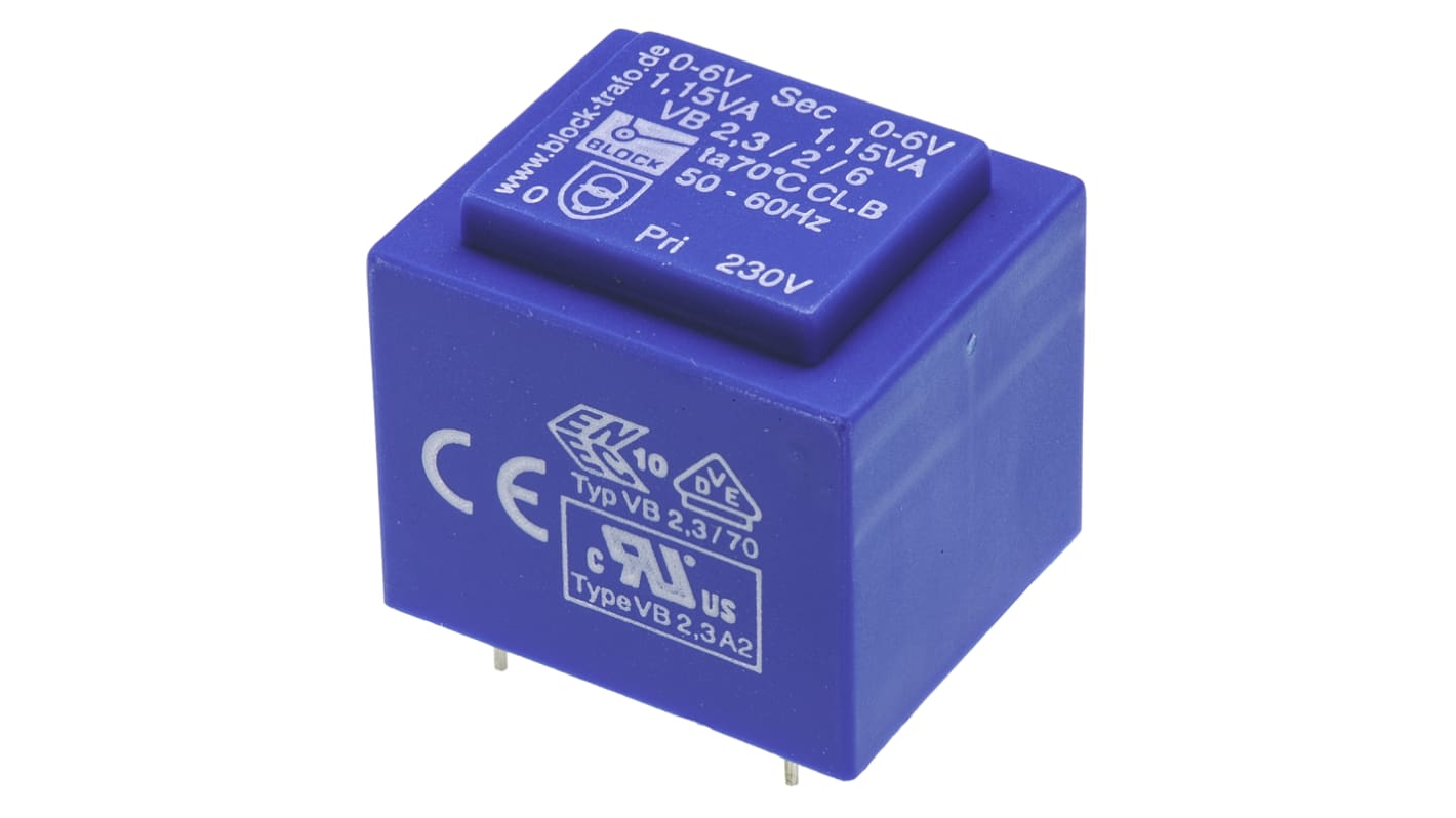 Block 6V ac 2 Output Through Hole PCB Transformer, 2.3VA