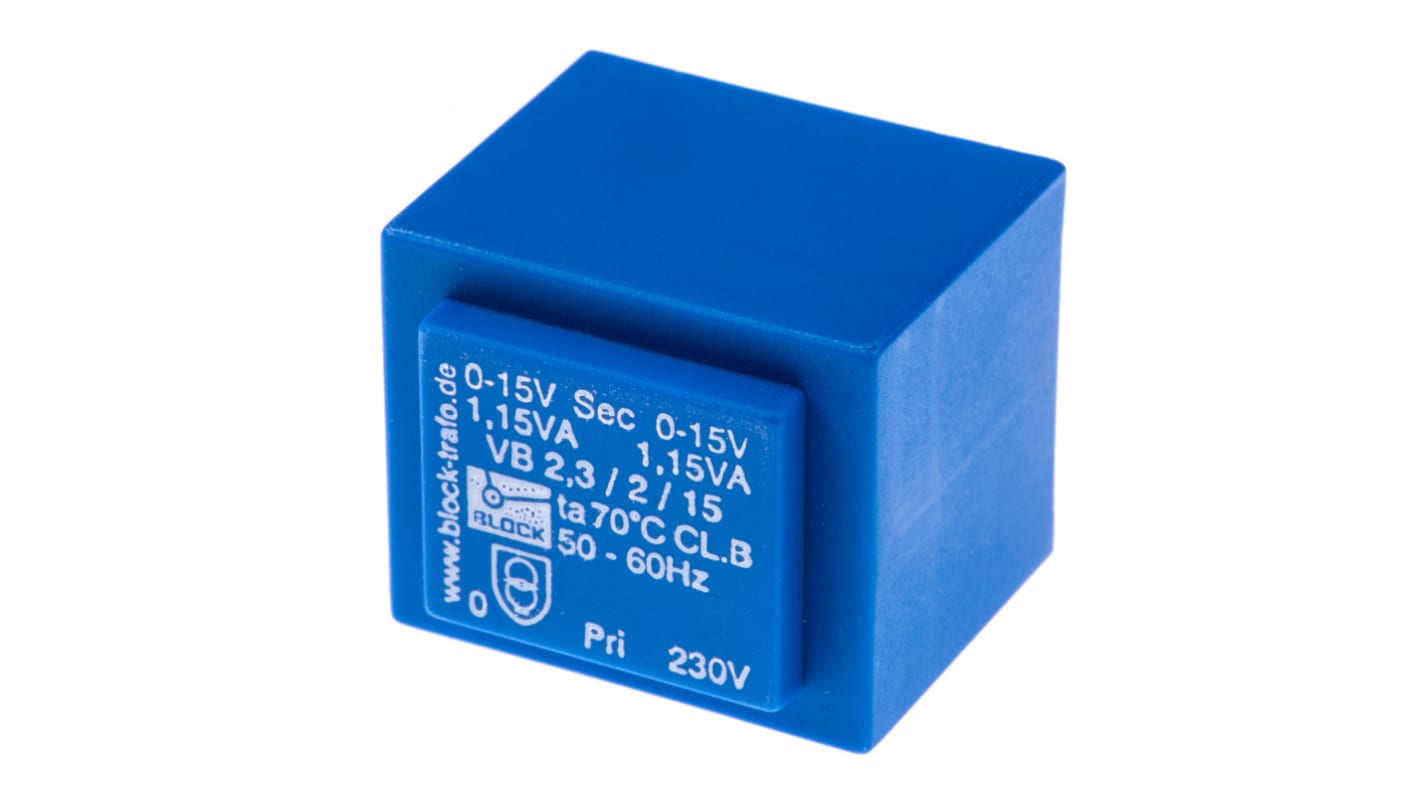 Trasformatore per PCB Block, 2.3VA, primario 230V ca, secondario 15V ca, 2 uscite
