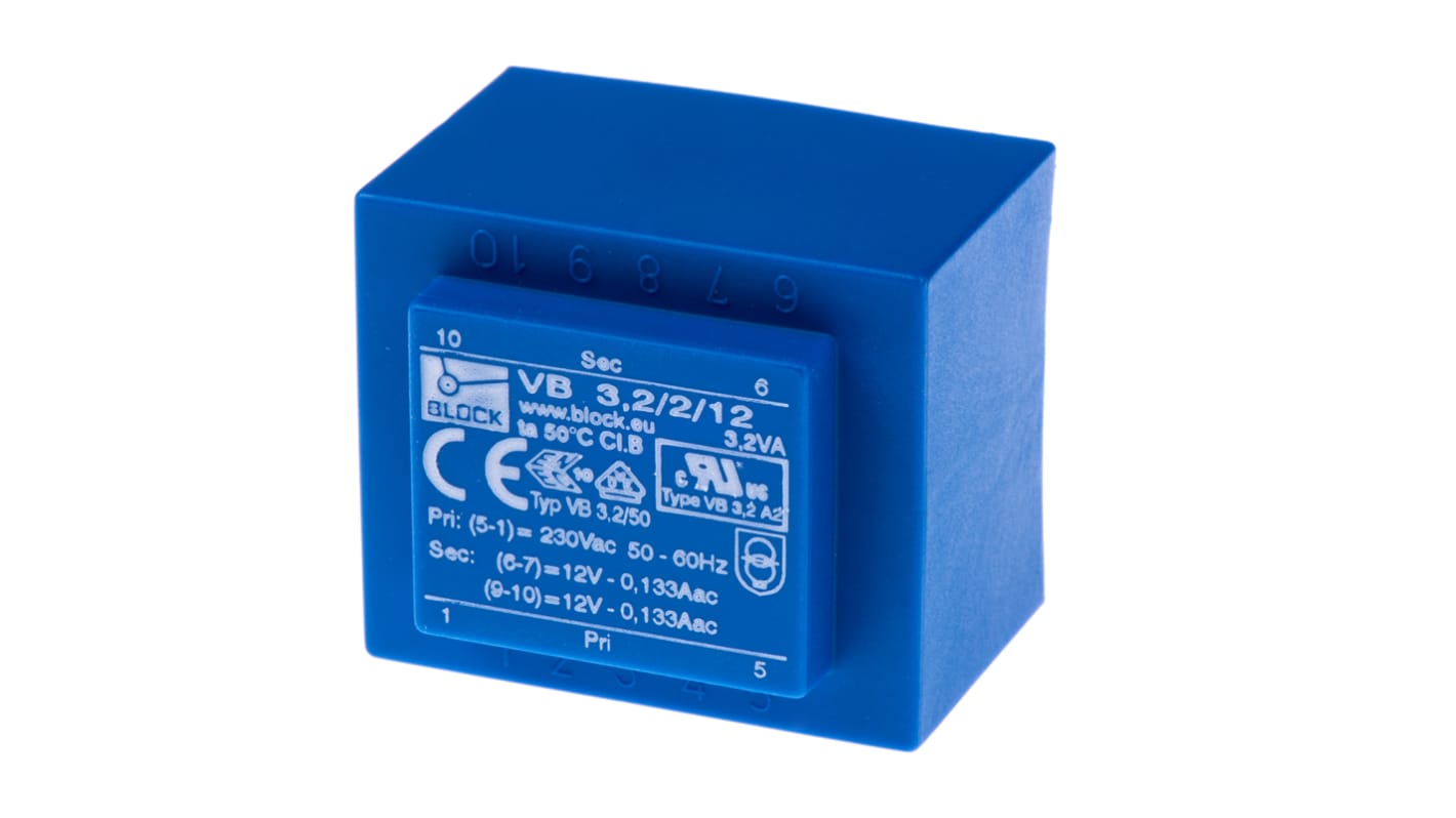 Block 12V ac 2 Output Through Hole PCB Transformer, 3.2VA
