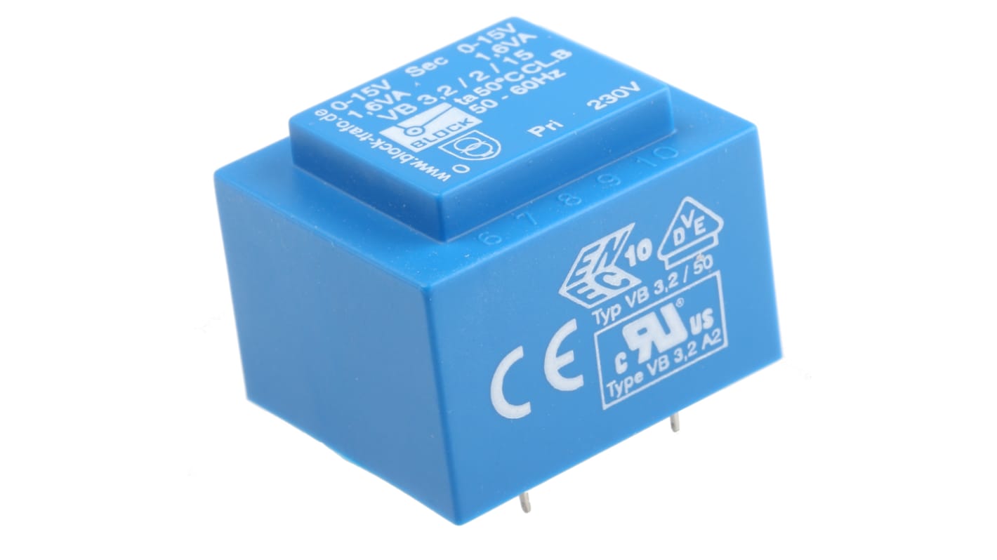 Block PCB变压器, 3.2VA, 初级230V 交流, 次级15V 交流, 2输出, 通孔安装, 41 x 30.8 x 35mm