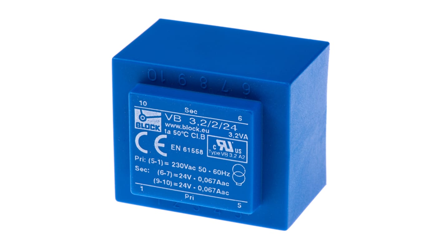 Block 24V ac 2 Output Through Hole PCB Transformer, 3.2VA