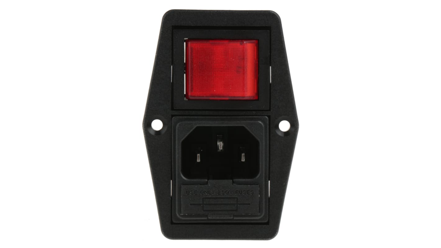 Bulgin C14插头 IEC连接器, 面板安装, 250 V, 10A, 1个5 x 20mm保险丝, BVB系列