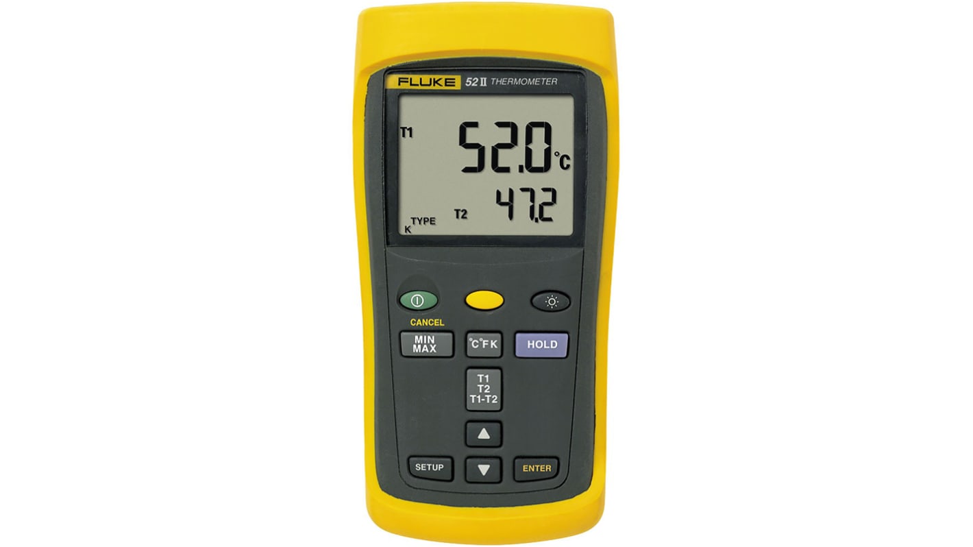 Fluke 52 II Wired Digital Thermometer for Industrial Use, E, J, K, N, R, S, T Probe, 2 Input(s), +1767°C Max, ±(0.05 %