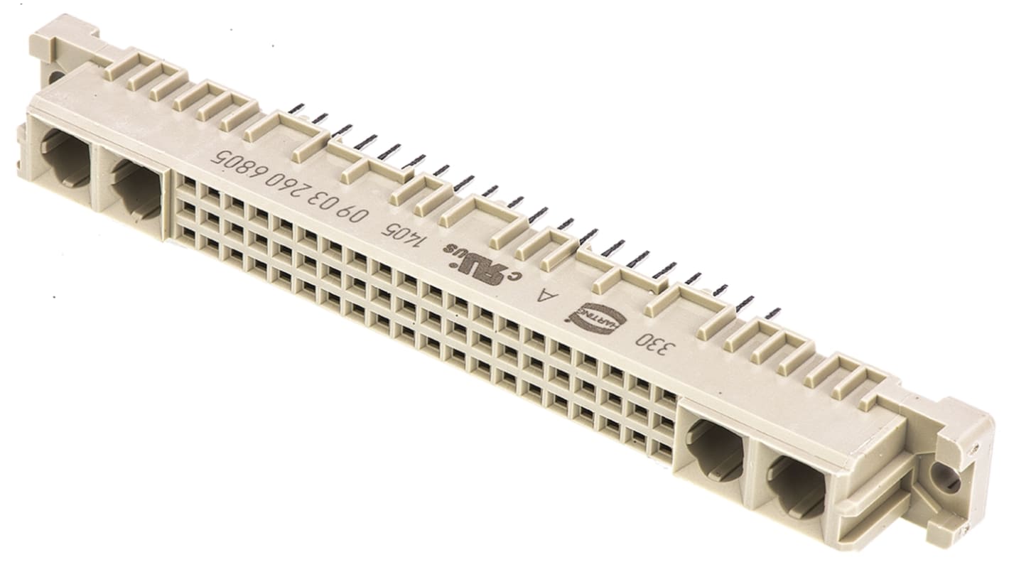 HARTING M型DIN41612欧式连接器母座, 60 + 4针, 3行, 2.54mm节距, THT安装, 焊接端接, 直向