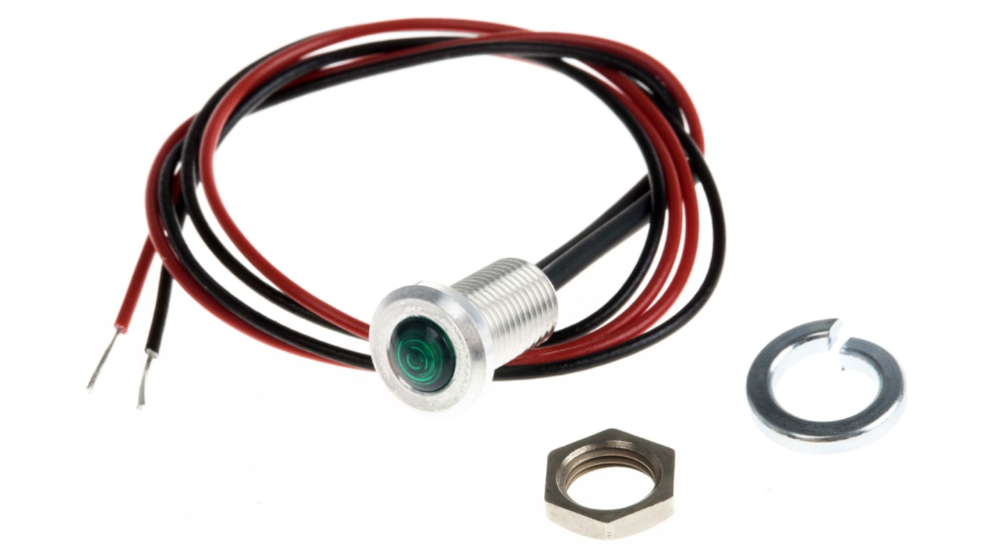 Oxley Green Panel Mount Indicator, 3.6V, 6.4mm Mounting Hole Size, Lead Wires Termination, IP66