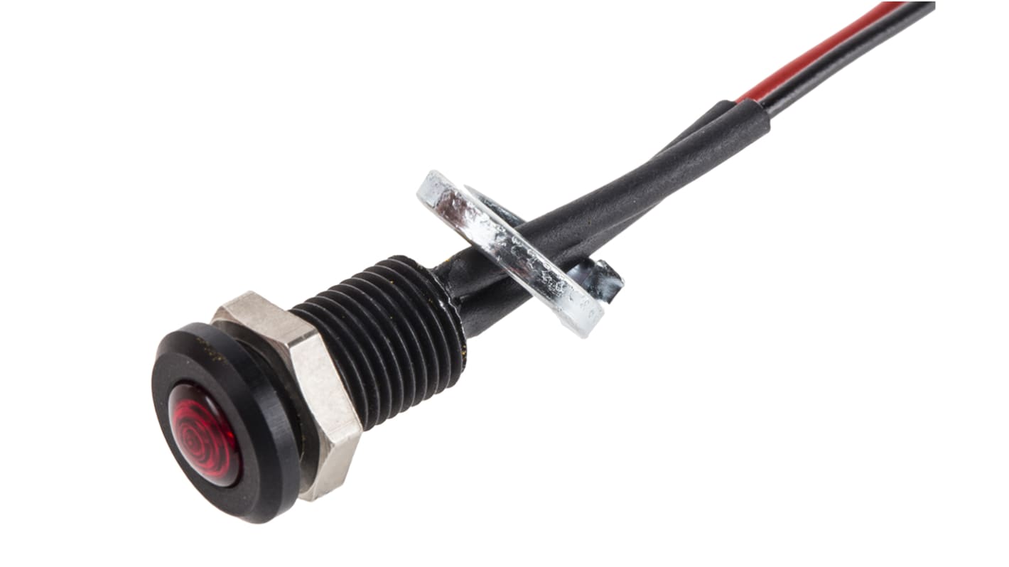 Oxley 红色LED面板指示灯, 12V 交流, 15mA, Φ6.4mm安装孔, 引线端接, 嵌入式边框, 黑色边框, IP66