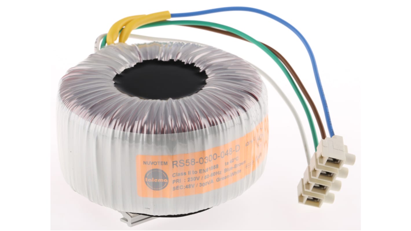 Transformador toroidal Nuvotem Talema, 58-0300-048-D, Tensión 48V ac, Potencia 300VA, 1 salida, Carril DIN