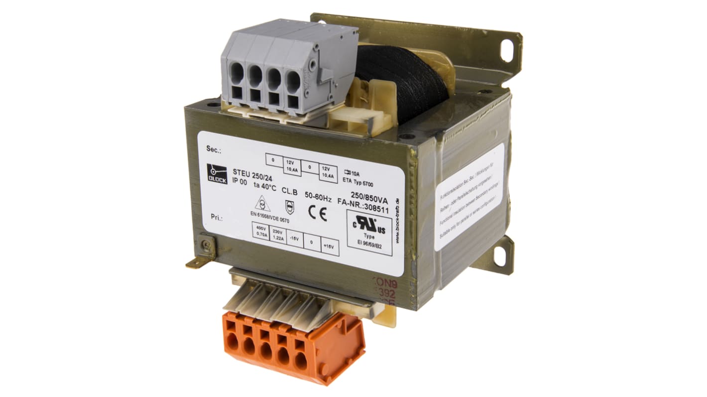 Block 250VA 2 Output Chassis Mounting Transformer, 2 x 12V ac