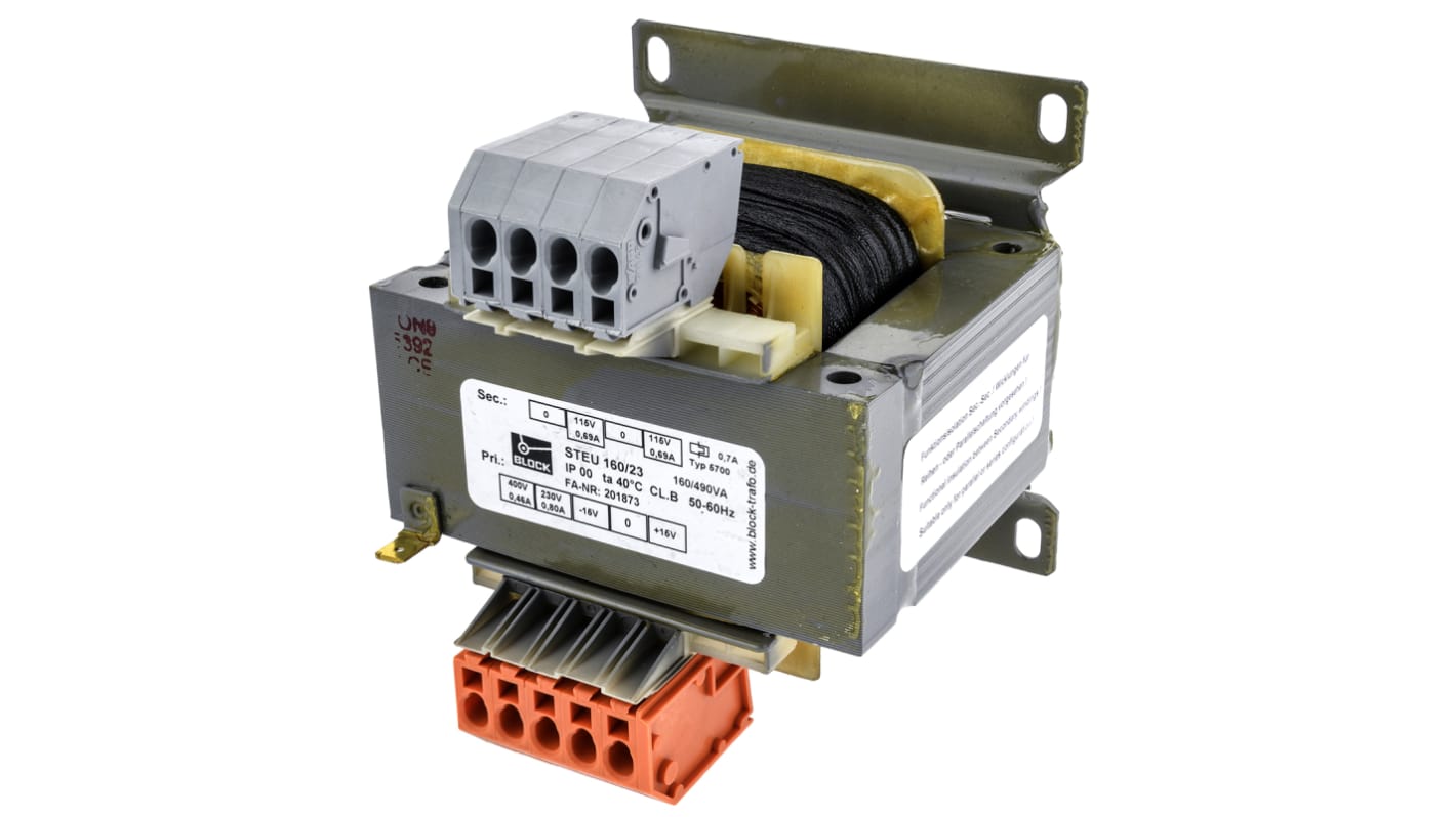 Transformator do zabudowy Napięcie wtórne 2 x 115V ac 160VA Napięcie pierwotne 230/400V ac 2-wyjściowy Block