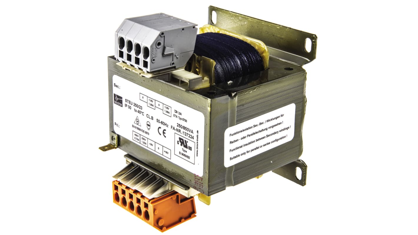 Block 250VA 2 Output Chassis Mounting Transformer, 2 x 115V ac