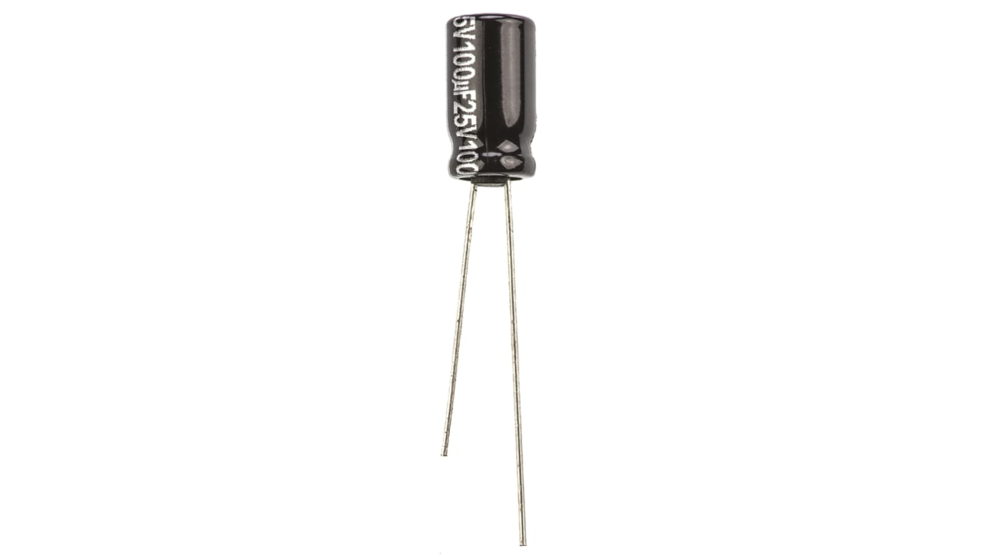 Panasonic NHG, THT Aluminium-Elektrolyt  Alu Kondensator, Elko 100μF ±20% / 25V dc, Ø 6.3mm x 11.2mm x 11.2mm, bis 105°C