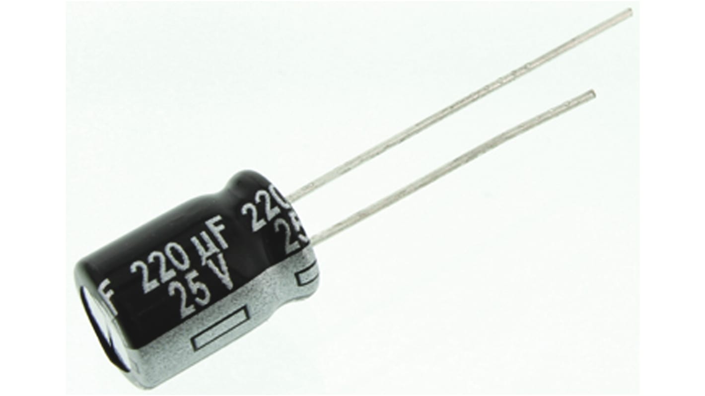 Condensatore Panasonic, serie NHG, 220μF, 25V cc, ±20%, +105°C, Radiale, Foro passante