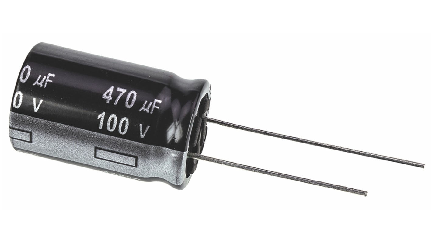 Panasonic 直插铝电解电容, 470μF, 100V 直流, 16 (Dia.) x 25mm, 最高+105°C, NHG系列