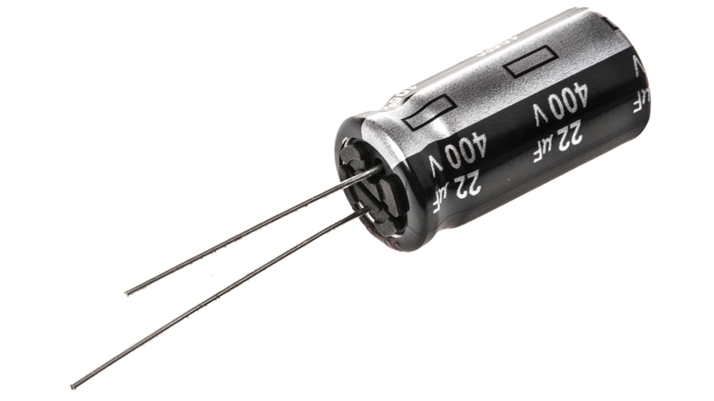Panasonic 直插铝电解电容, 22μF, 400V 直流, 12.5 (Dia.) x 25mm, 最高+105°C, NHG系列