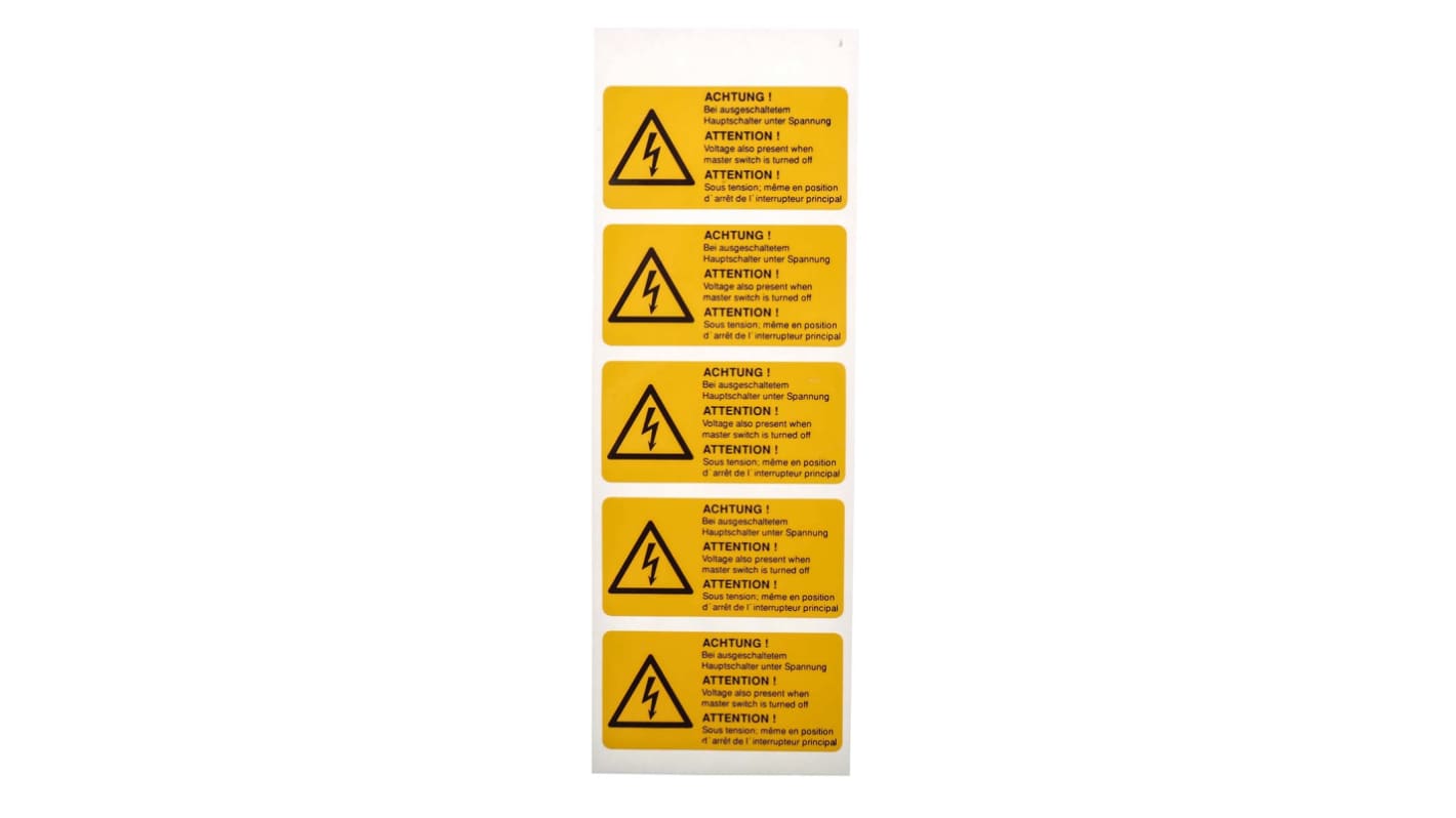 Idento Yellow PVC Safety Labels, ACHTUNG! Bei ausgeschaltetem Hauptschalter unter Spannung; ATTENTION! Voltage also