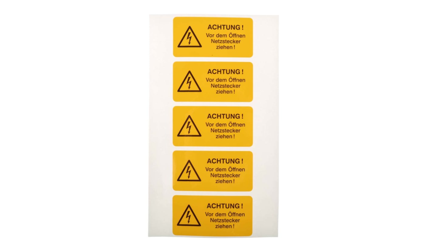 Etichetta di sicurezza Pericolo elettricità "ACHTUNG! Vor dem Öffnen Netzstecker ziehen!", Adesiva, conf. da 5 pz.