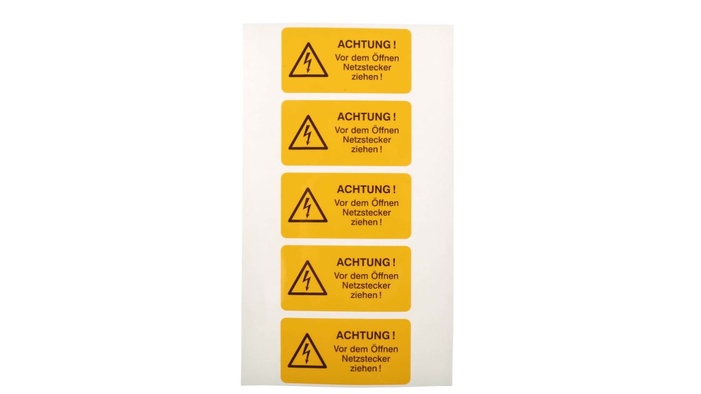 Idento Yellow PVC Safety Labels, ACHTUNG! Vor dem Öffnen Netzstecker ziehen!-Text