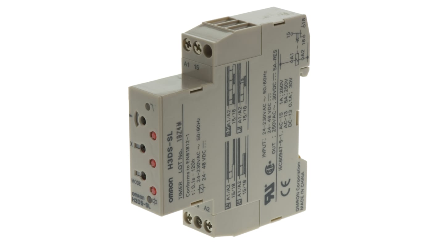 Omron H3DS Series DIN Rail Mount Timer Relay, 24 → 230V ac, 1-Contact, 0.1 s to 120 h, SPDT