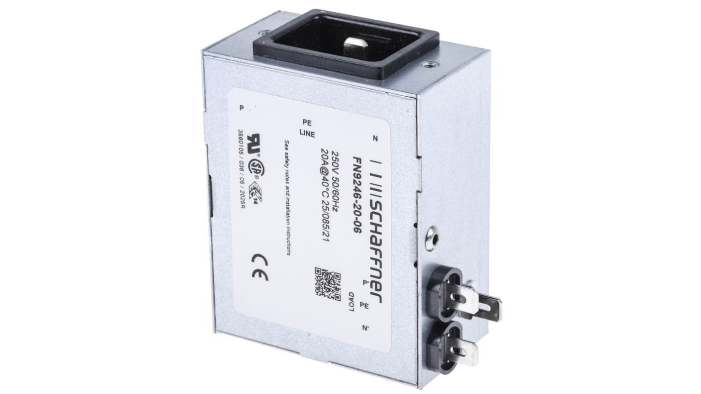 Schaffner 20A, 250 V ac Male Panel Mount IEC Filter FN9246-20-06, Faston