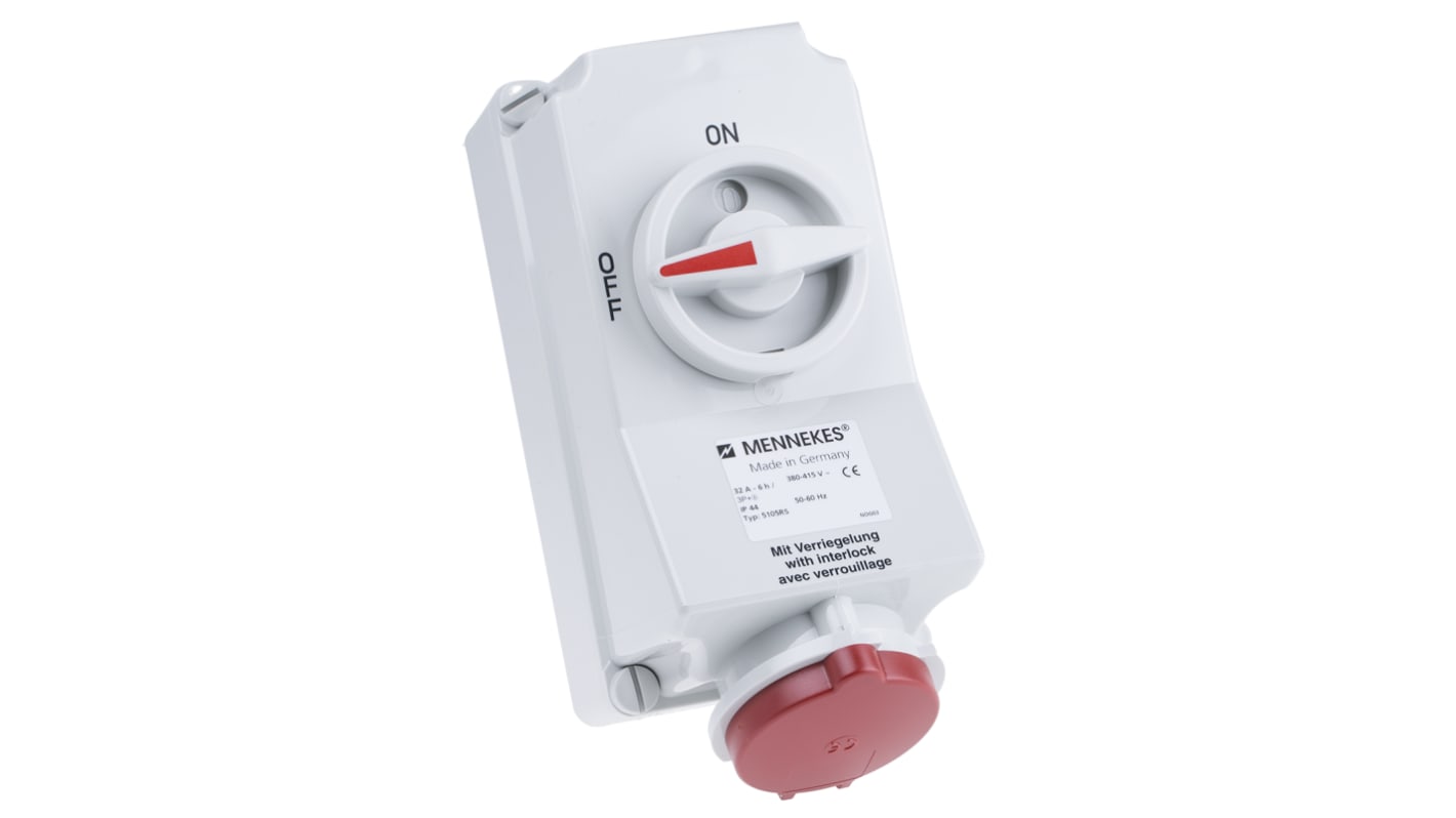 MENNEKES Switchable IP44 Industrial Interlock Socket 3P+E, Earthing Position 6h, 32A, 400 V