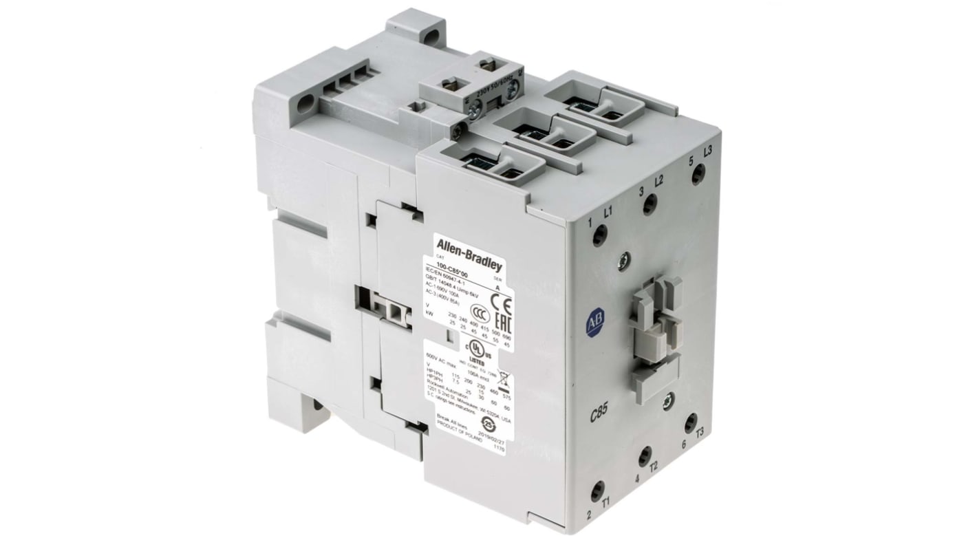 Allen Bradley 100 Series 100C Contactor, 230 V ac Coil, 3-Pole, 85 A, 45 kW, 3NO, 690 V ac