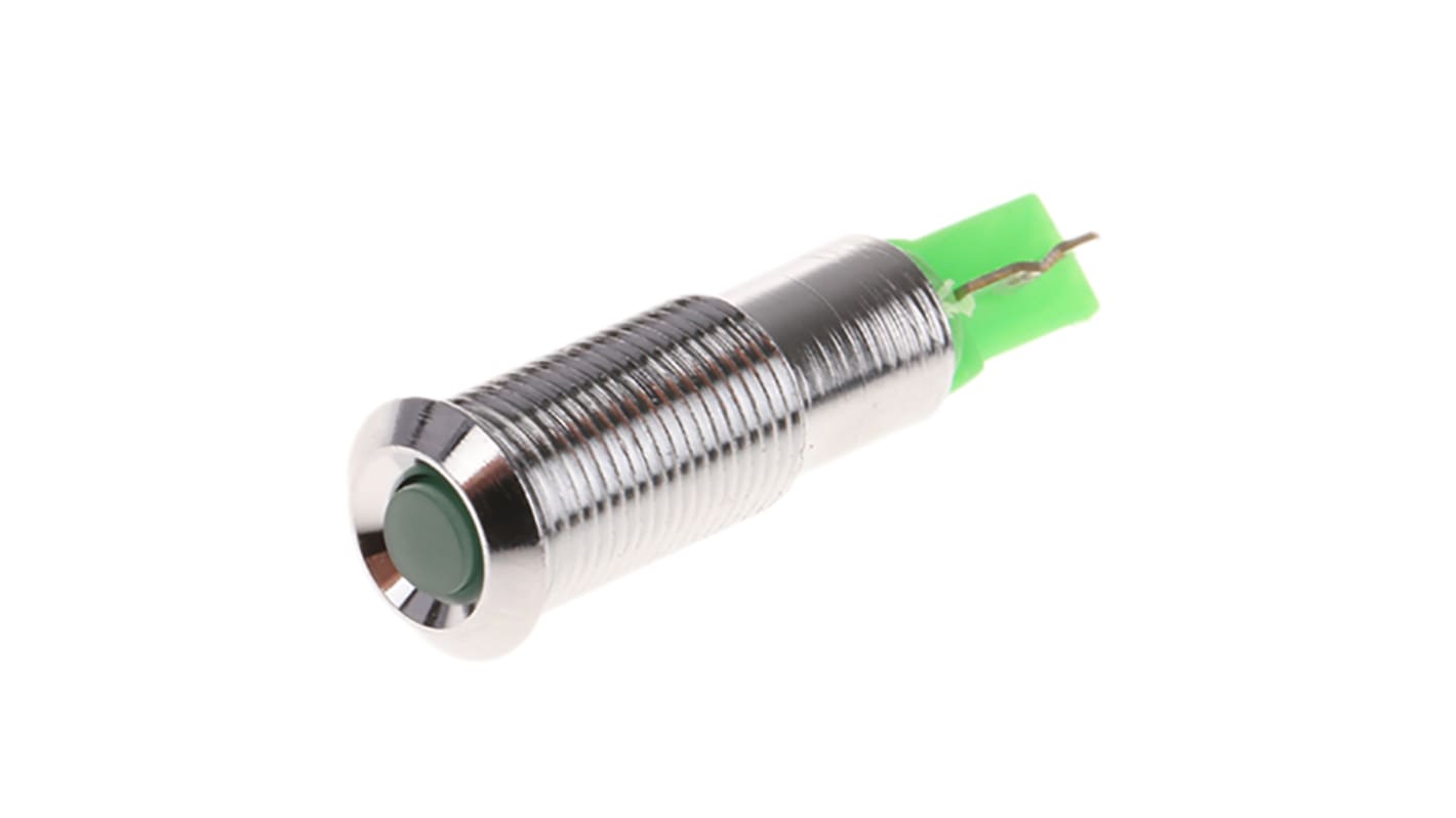 Signal Construct 绿色LED面板指示灯, 20 → 28V, 10mA, Φ6mm安装孔, 焊片端接, 凹入式边框, 铬色边框, IP67