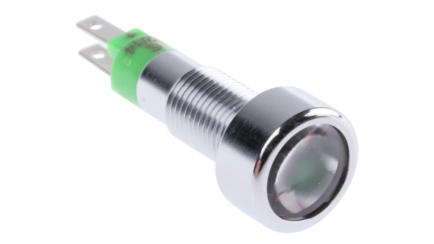 Indicador LED Signal Construct, Verde, lente enrasada, marco Cromo, Ø montaje 8mm, 12 → 14V, 10mA, 200mcd