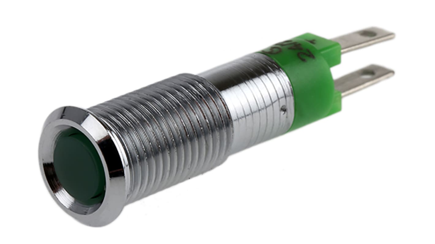 Signal Construct 绿色LED面板指示灯, 24V 直流, 10mA, Φ8mm安装孔, 焊片端接, 凹入式边框, 铬色边框, IP67