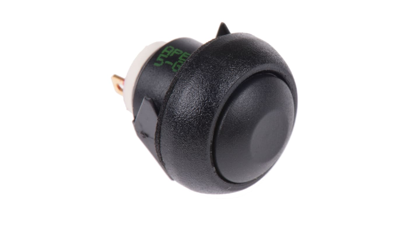 Interruptor de Botón Pulsador En Miniatura APEM, color de botón Negro, SPST, acción momentánea, 400 mA a 32 V ac, 32V