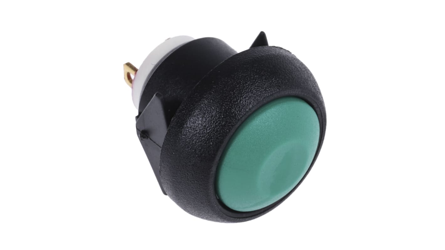 Interruptor de Botón Pulsador En Miniatura APEM, color de botón Verde, SPST, acción momentánea, 400 mA a 32 V ac, 32V