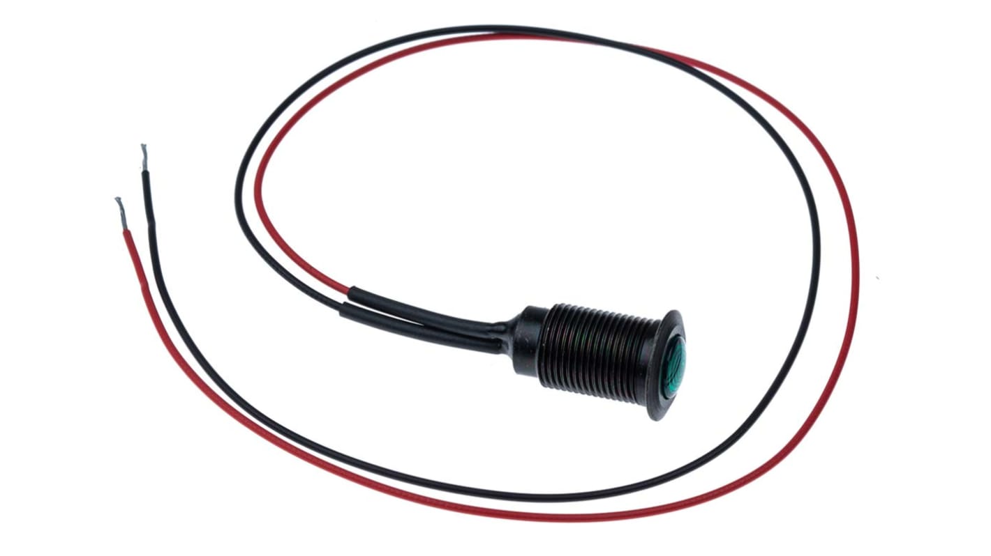 Oxley 绿色LED面板指示灯, 230V 交流, 2.5mA, Φ10.2mm安装孔, 引线端接, 嵌入式边框, 黑色边框, IP66