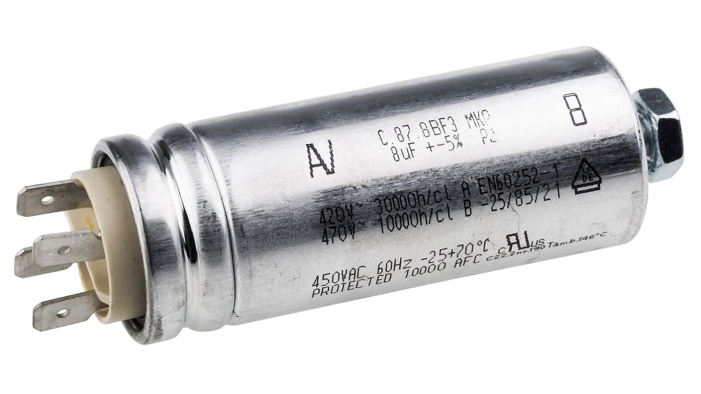 KEMET C87, Polypropylen Motorkondensator, 8μF, ±5% / 500Vac, Gehäusemontage
