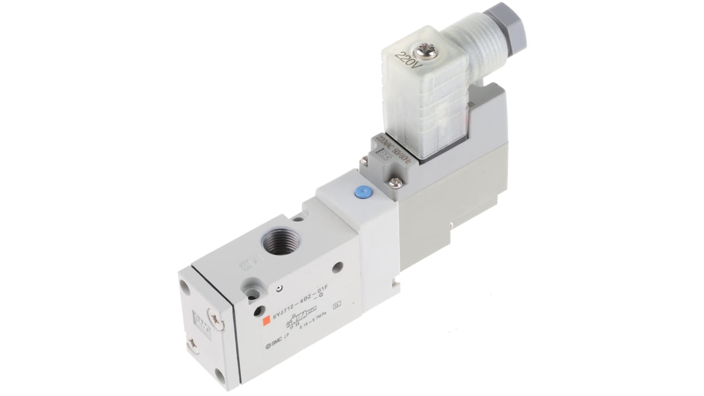 SMC Pneumatiske solenoidventiler, serie SYJ700, G 1/8, 3/2, Magnet/fjeder, Fritstående, 490.75NL/min