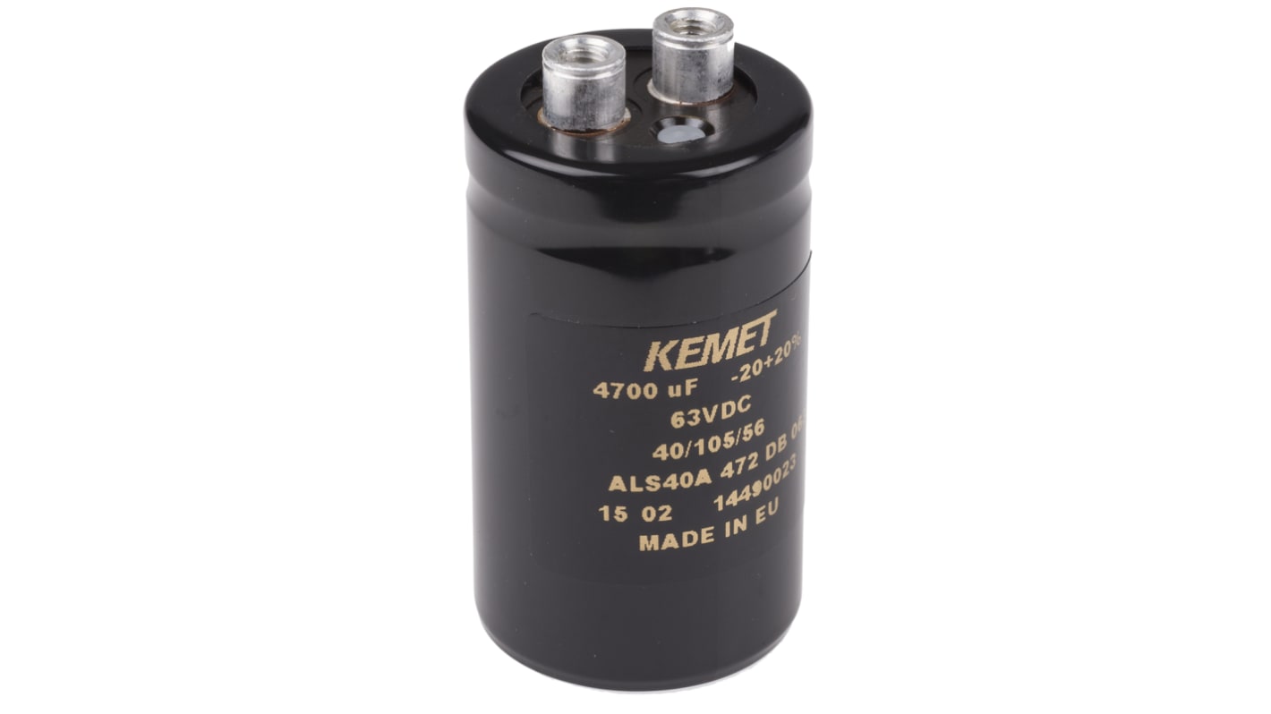 KEMET 螺钉铝电解电容, 4700μF, 63V 直流, 36 x 62mm, 最高+105°C, ALS40系列