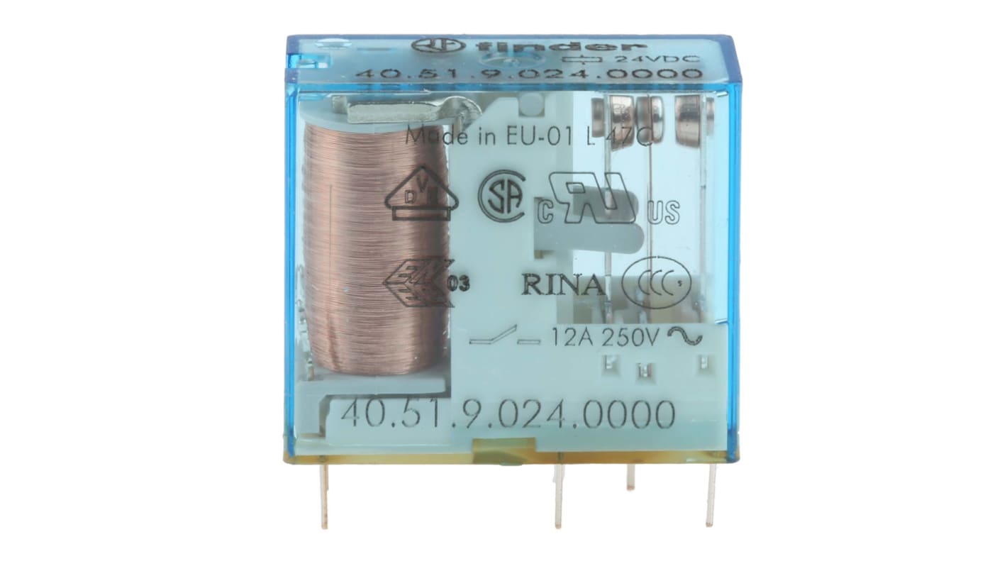 Relé de potencia sin enclavamiento Finder 40 Series de 1 polo, SPDT, bobina 24V dc, 10A, Montaje en PCB