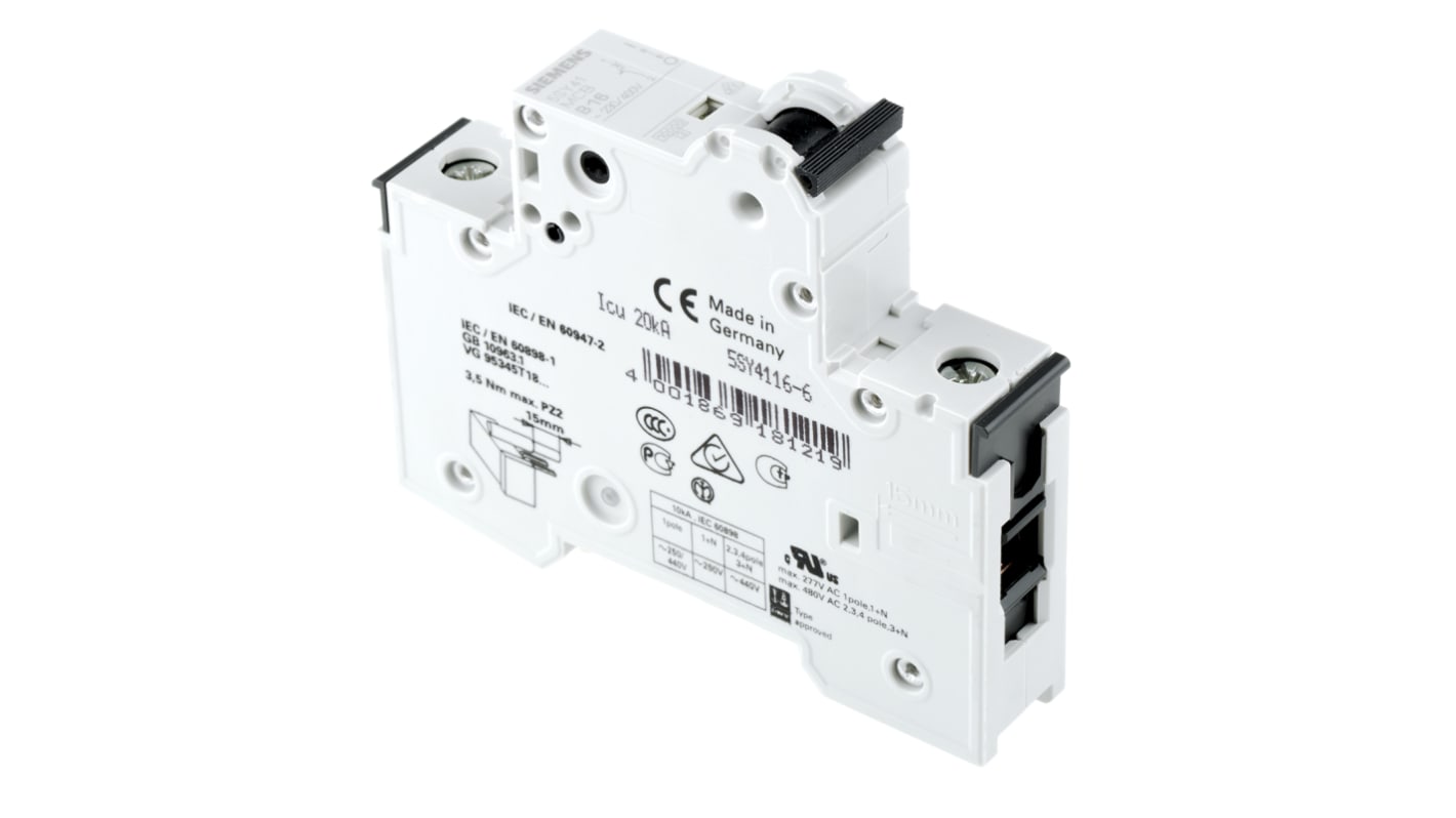 Siemens Sentron 5SY4 MCB, 1P, 16A Curve B, 400V AC, 10 kA Breaking Capacity