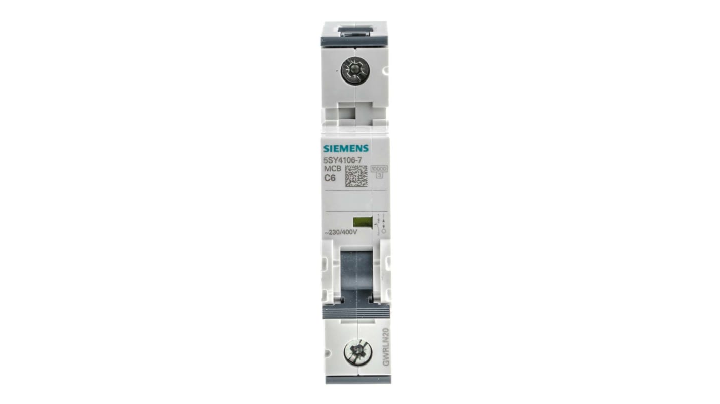 Siemens Sentron 5SY4 MCB, 1P, 6A Curve C, 400V AC, 10 kA Breaking Capacity