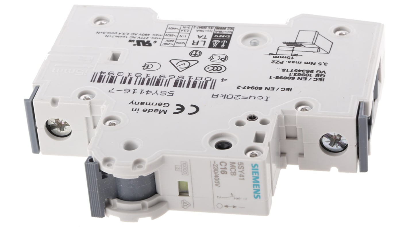 Siemens C型MCB, 1极, 10 kA分断, 16A, 400VAC, 5SY4系列 5SY41167
