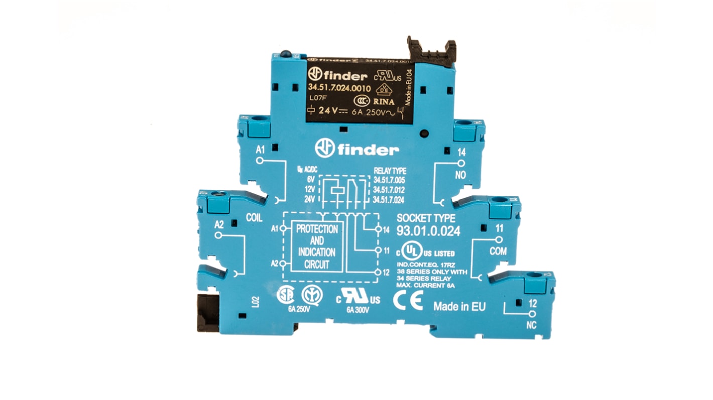 Finder 38 Series Interface Relay, DIN Rail Mount, 24V ac/dc Coil, SPDT, 1-Pole